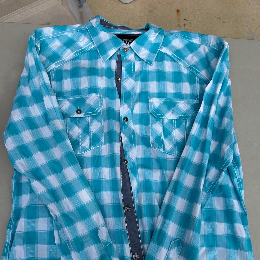 Buckle Black Turquoise and White Plaid Shirt
